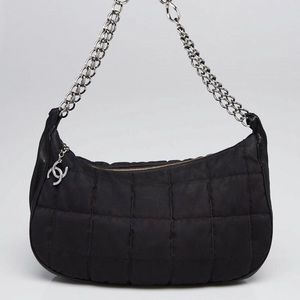 Chanel Black Square Nylon Chain Hobo leather